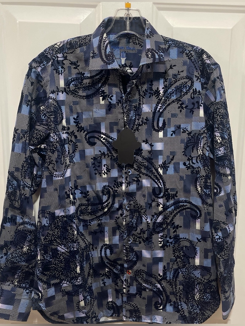LUCHIANO VISCONTI BLACK Mens S Flocked PAISLEY NAVY BLUE Shirt